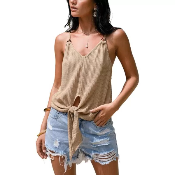imageCUPSHE Women Tops Sleeveless V Neck Waffle Knit ORing Waist Tie Cami Shirt Casual SummerBrown