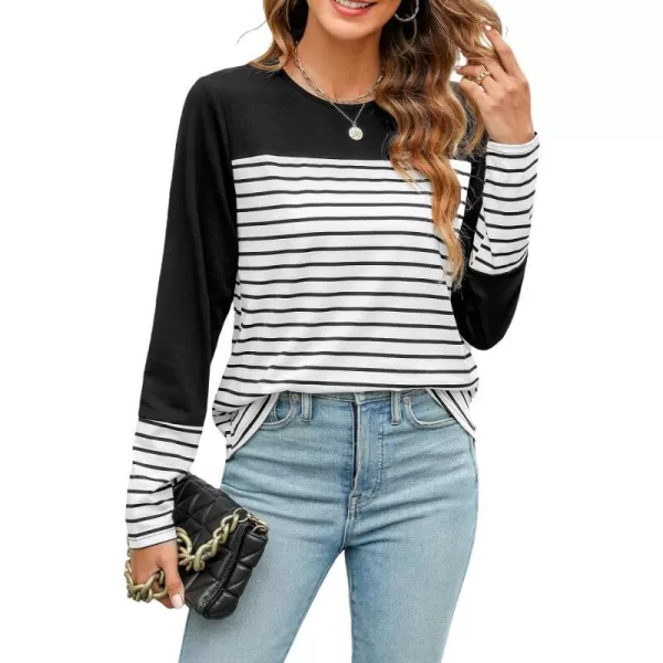 imageCUPSHE Women Tops Striped Colorblock Long Sleeve Tee Crew Neck Blouses CasualBlack