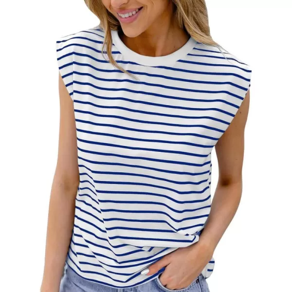 imageCUPSHE Women Tops Striped Round Neck Sleeveless Tee Cap Sleeves Shirt Casual SummerBlue
