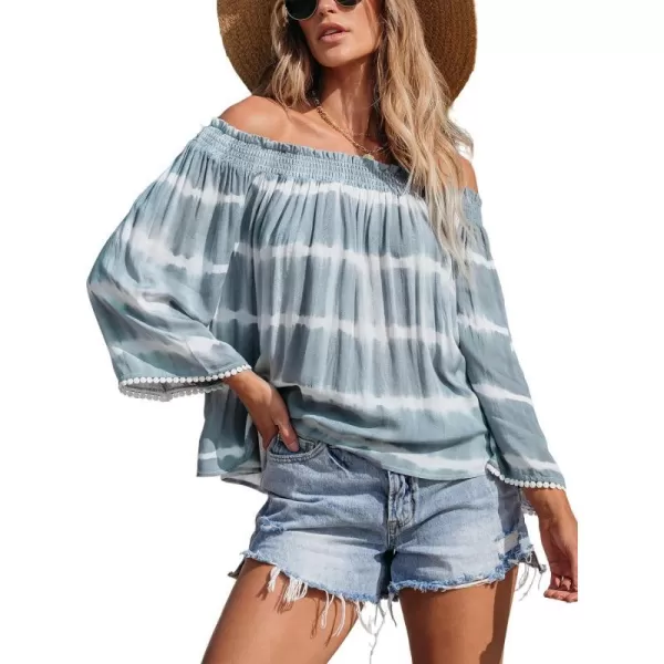 imageCUPSHE Women Tops Stripes Smocked OffShoulder Shirt Blouses Long Sleeve Tee CasualBlue
