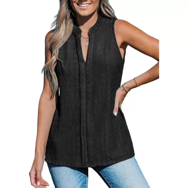 imageCUPSHE Women Tops Teal Split Sleeveless Blouse V Neck Shirt Tee Solid Casual Summer BeachBlack