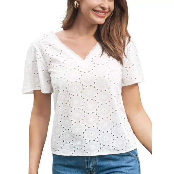 imageCUPSHE Women Tops V Neck Flared Sleeve Blouse Cutout Short Sleeve Tee Shirt CasualWhite