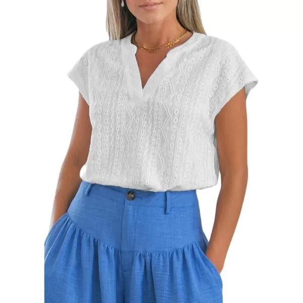 imageCUPSHE Women Tops V Neck Short Sleeve Blouses Lace Cutout Shirt Casual SummerWhite