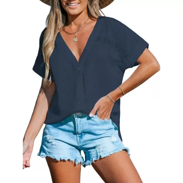 imageCUPSHE Women Tops VNeck Blouses Short Sleeves Lace Shirt Front Futton Tee Casual SummerBlue