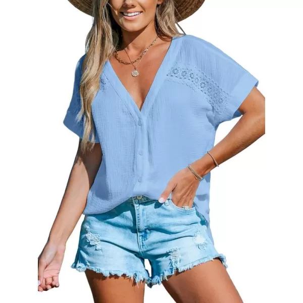 imageCUPSHE Women Tops VNeck Blouses Short Sleeves Lace Shirt Front Futton Tee Casual SummerLight Blue