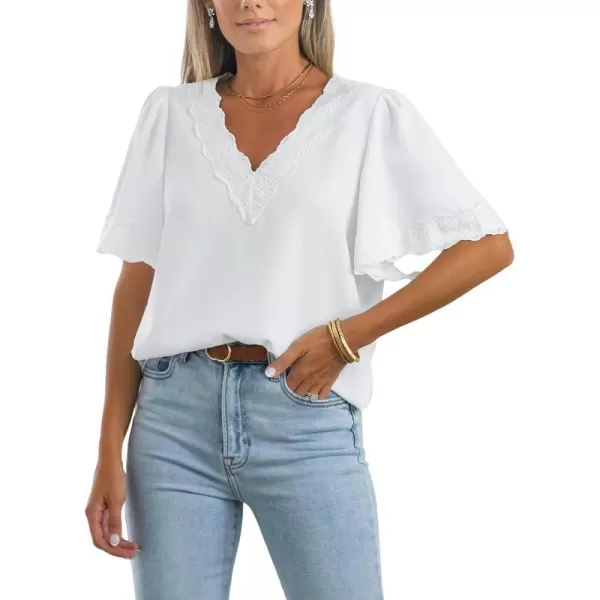 imageCUPSHE Women Tops VNeck Ruffle Short Sleeve Lace Trim Casual ShirtWhite