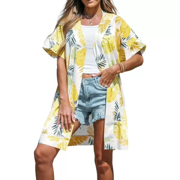 imageCUPSHE Women Tropical Leaf Print Belted CoverUp Kimono Short Sleeves Cover Up SummerYellow