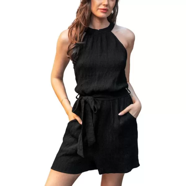 imageCUPSHE Women Turtelneck Elastic Waist Rompers With Tie Closure Sleeveless Straight LegBlack