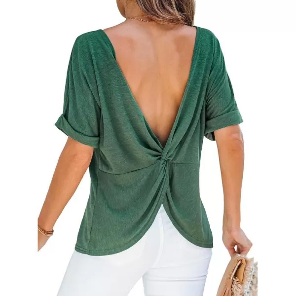 imageCUPSHE Women Twisted Backless Tee Short Sleeves Top V Neck Shirts CasualGreen