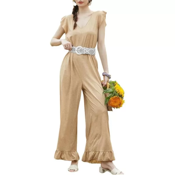 imageCUPSHE Women V Neck Casual Jumpsuit Short Ruffle Sleeve Wide Legs Loose Fit Romper with PocketsKhaki