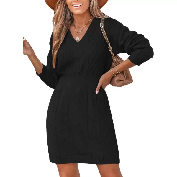 imageCUPSHE Women V Neck Dresses Long Sleeve Dress Cable Knit Chunky Pullover Short Sweater Dressing CasualBlack