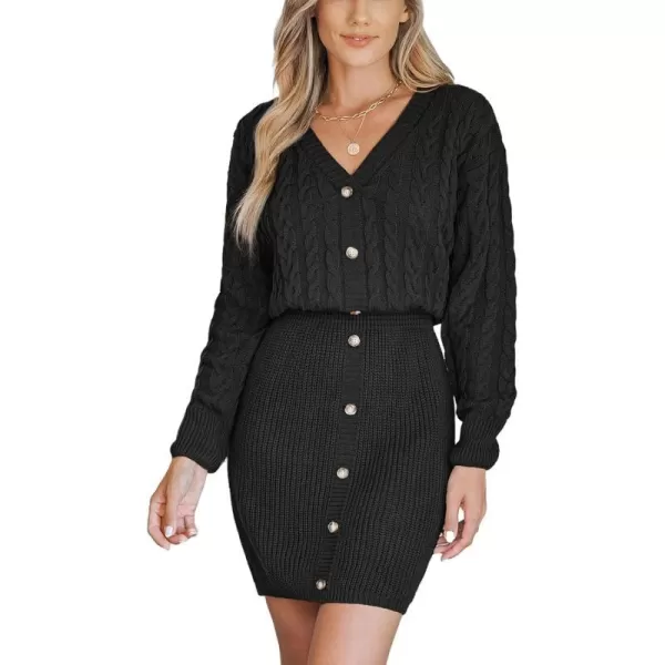 imageCUPSHE Women V Neck Long Sleeve Cable Knit Trendy Bodycon Pullover Mini Sweater DressBlack