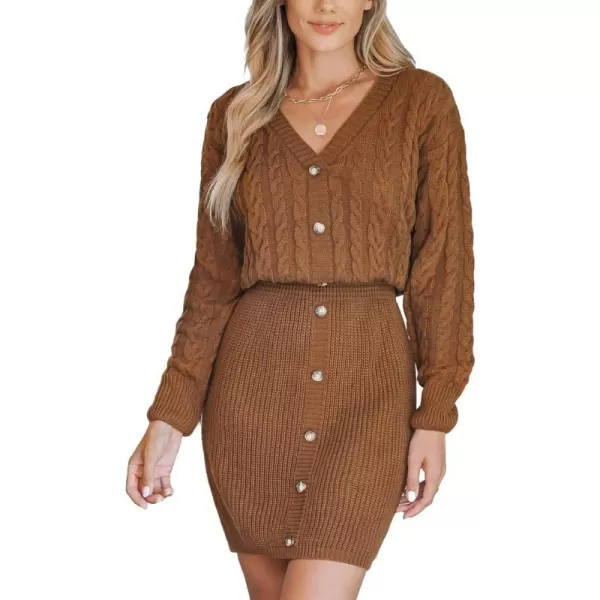 imageCUPSHE Women V Neck Long Sleeve Cable Knit Trendy Bodycon Pullover Mini Sweater DressBrown