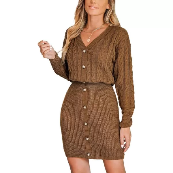 imageCUPSHE Women V Neck Long Sleeve Cable Knit Trendy Bodycon Pullover Mini Sweater DressCoffee