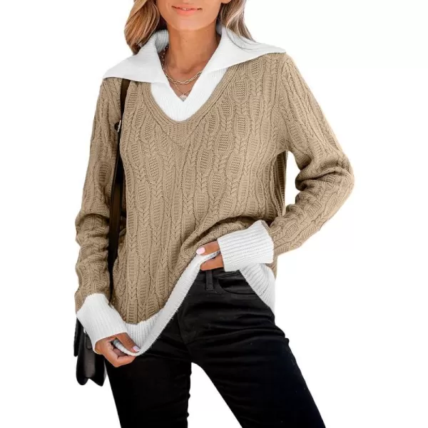 imageCUPSHE Women V Neck Long Sleeve Lapel Collar Color Block Loose Casual Pullover Sweater Jumper TopSandWhite