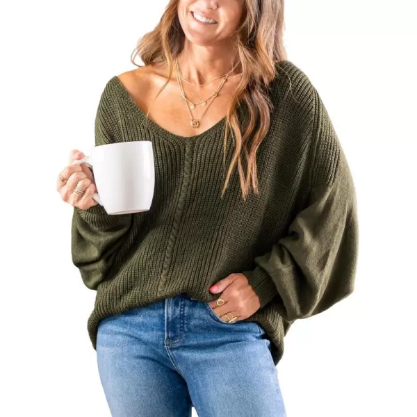 imageCUPSHE Women V Neck Olive Sweater Knit Casual Tops Long Puff SleevesOlive