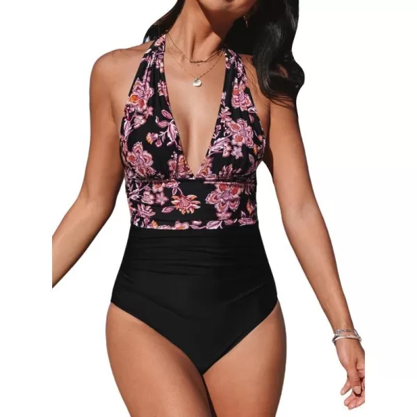 imageCUPSHE Women V Neck One Piece Swimsuit Halter Backless Ruched Tummy Control Bathing SuitBlackPaisley