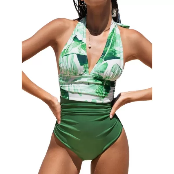 imageCUPSHE Women V Neck One Piece Swimsuit Halter Backless Ruched Tummy Control Bathing SuitGreenTropical