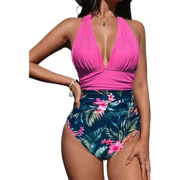 imageCUPSHE Women V Neck One Piece Swimsuit Halter Backless Ruched Tummy Control Bathing SuitMagenta Floral