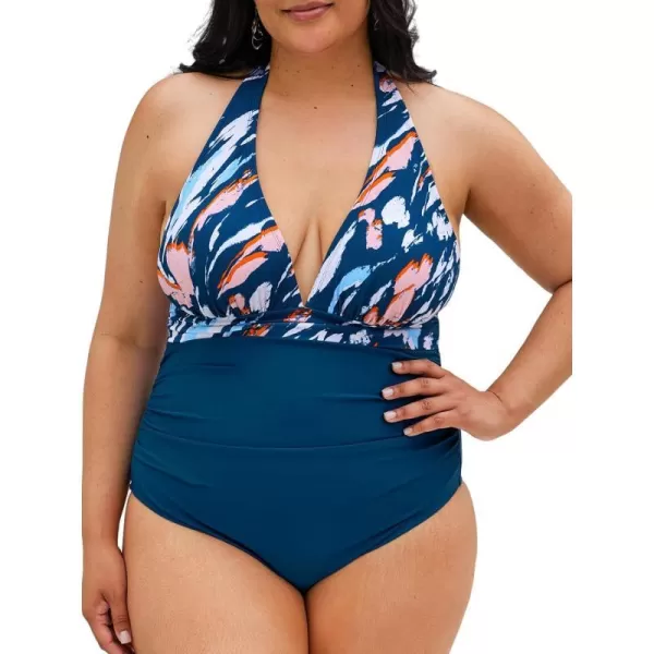 imageCUPSHE Women V Neck One Piece Swimsuit Halter Backless Ruched Tummy Control Bathing SuitNavy BlueGraffiti