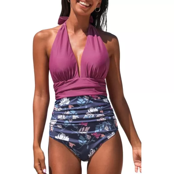 imageCUPSHE Women V Neck One Piece Swimsuit Halter Backless Ruched Tummy Control Bathing SuitPersian Luxury Purple