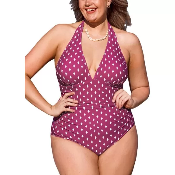 imageCUPSHE Women V Neck One Piece Swimsuit Halter Backless Ruched Tummy Control Bathing SuitPmaroon Geometric
