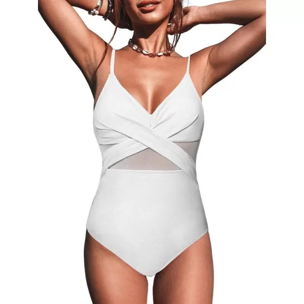 imageCUPSHE Women V Neck One Piece Swimsuit Wrapped Mesh Tummy Control Bathing Suit with Adjustable Spaghetti StrapsWhite