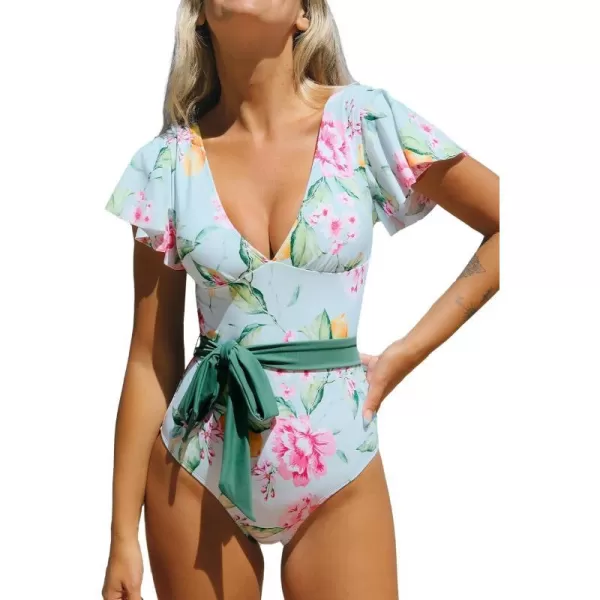 imageCUPSHE Women V Neck Ruffle One Piece Swimsuit Floral Print Bathing Suit with Removed Waist TieLight Blue Floral