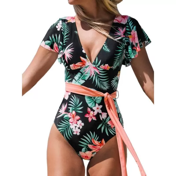 imageCUPSHE Women V Neck Ruffle One Piece Swimsuit Floral Print Bathing Suit with Removed Waist TieMulticolor