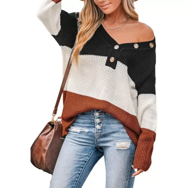 imageCUPSHE Women V Neck Sweater Knit Casual Colorblock Long Sleeves Button Sweaters TopsBlack Striped