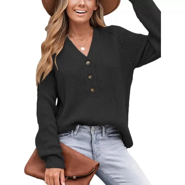 imageCUPSHE Women V Neck Sweater Tops Long Sleeve Button Front Pullover Sweaters Casual ShirtsBlack
