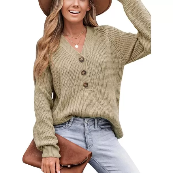 imageCUPSHE Women V Neck Sweater Tops Long Sleeve Button Front Pullover Sweaters Casual ShirtsBrown