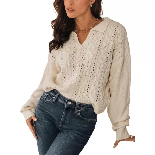 imageCUPSHE Women V Neck Sweater Tops Long Sleeve Cable Knit Chunky Pullover Short Sweaters CasualApricot