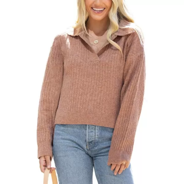 imageCUPSHE Women V Neck Sweater Tops Long Sleeves Top Knit Pullover Sweater CasualBrown