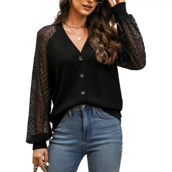 imageCUPSHE Women VNeck Lace Blouse Relaxed Fit Long Sleeve Button Down TopsBlack
