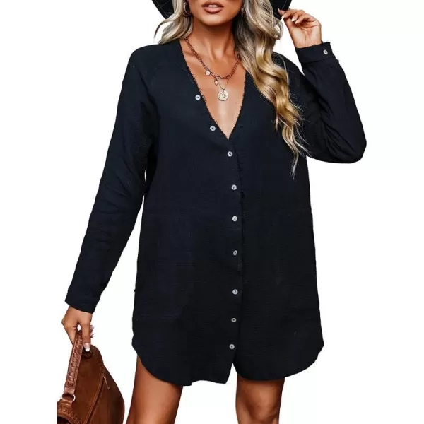 imageCUPSHE Women VNeck Long Sleeve Mini Dress Casual Relax Fit Solid Dresses with ButtonBlack
