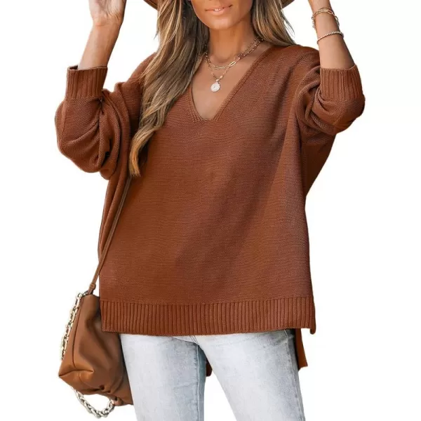 imageCUPSHE Women VNeck Sweater Drop Long Sleeve Sweaters Ribbed TopsBrown