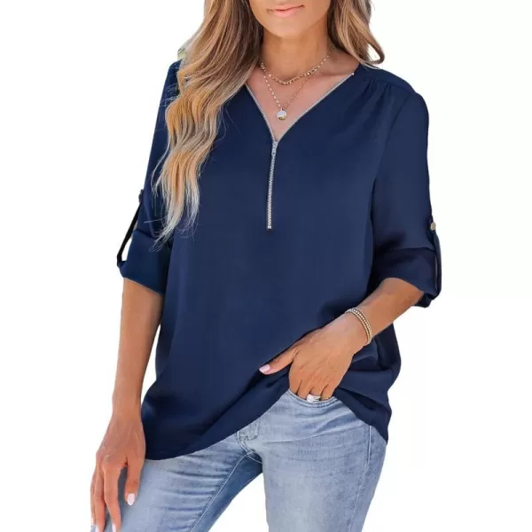imageCUPSHE Women ZipUp Top Long Sleeve Rolltab Sleeves Tops V Neck BlousesBlue