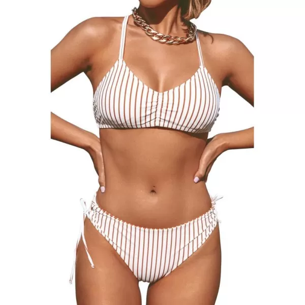 imageCUPSHE Womens 2 Piece Bikini Set Back Braided Straps with Reversible BottomBrown Stripe