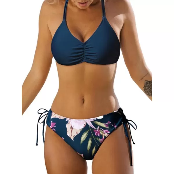 imageCUPSHE Womens 2 Piece Bikini Set Back Braided Straps with Reversible BottomNavy BlueFlower