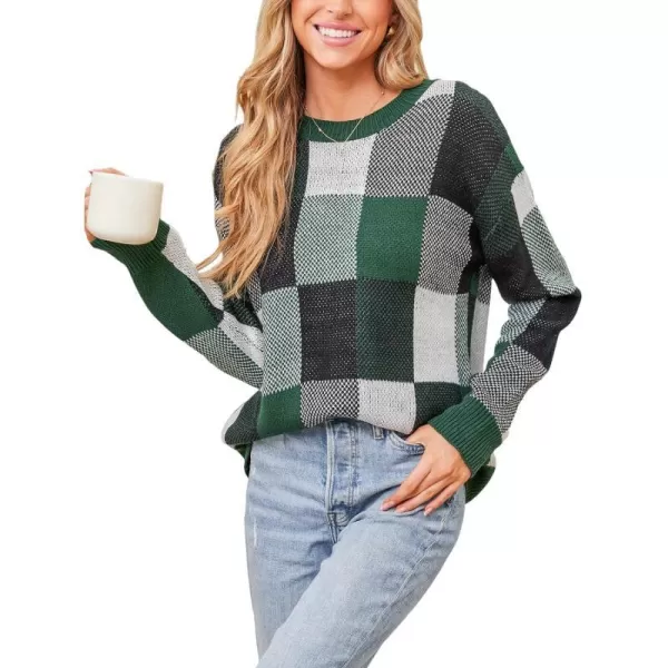 imageCUPSHE Womens 2023 Fall Long Sleeve Crew Neck Plaid Color Block Comfy Knitted Pullover SweaterGreen