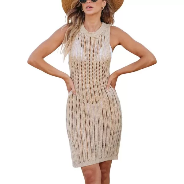 imageCUPSHE Womens 2024 Crochet Cover Up Sleeveless Mini Dress Sexy Hollow Out Pullover Coverups Swimwear BeachApricot