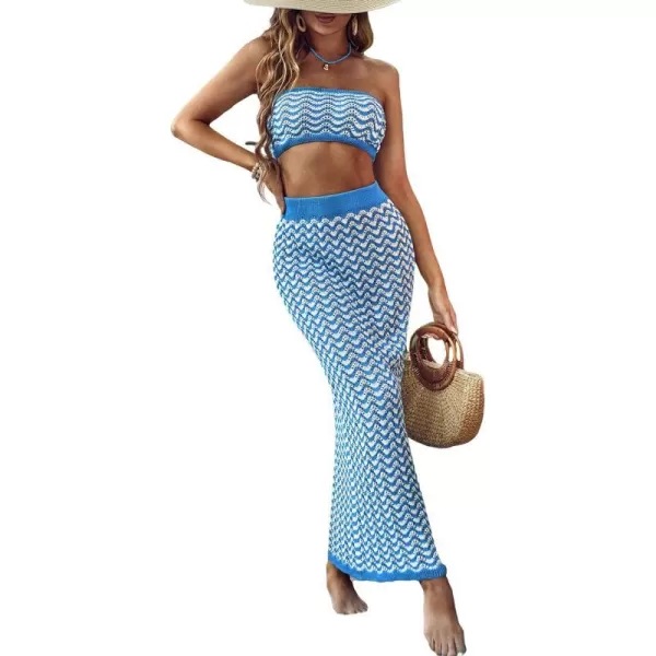 imageCUPSHE Womens 2024 Summer Cover Up Swimwear Crochet Tube Top And Long Maxi Skirt Set Knit Two Pieces BeachwearBlue Wave
