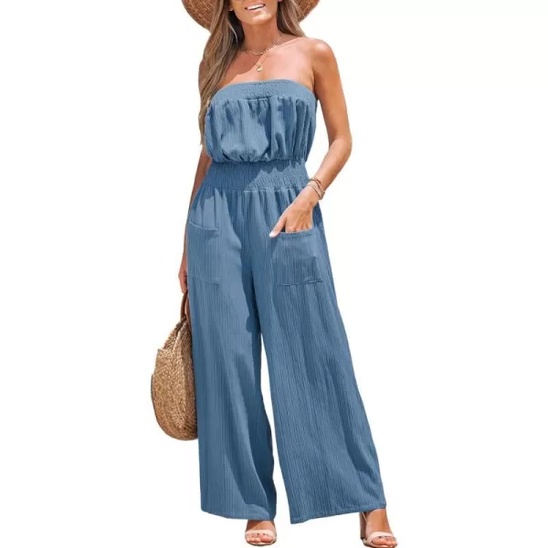 imageCUPSHE Womens 2024 Summer Smocked Tube Jumpsuit Sleeveless Wide Leg One Piece Rompers Outfit with PocketsBlue