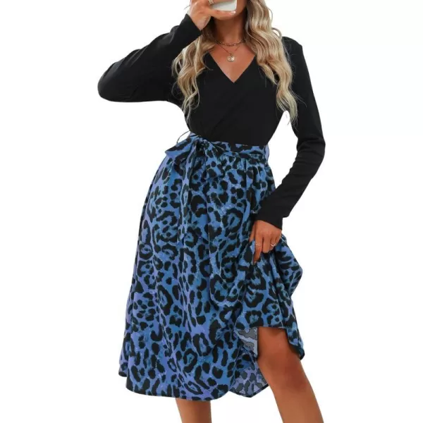 imageCUPSHE Womens ALine Midi Dress Leopard Print Belted Long Sleeve Dress for WomenBlue Leopard