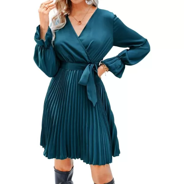 imageCUPSHE Womens ALine Surplice Neck Short Length Dresses Satin Belt Mini Dress with Long SleevesBlue