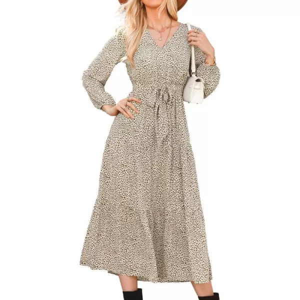 imageCUPSHE Womens Animal Print V Neck Maxi Length Dresses Belt Long Sleeves Dress with Front TieLeopard