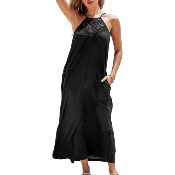 imageCUPSHE Womens Backless Beach Dress Crochet High Neck Sleeveless Maxi Summer Casual DressesBlack