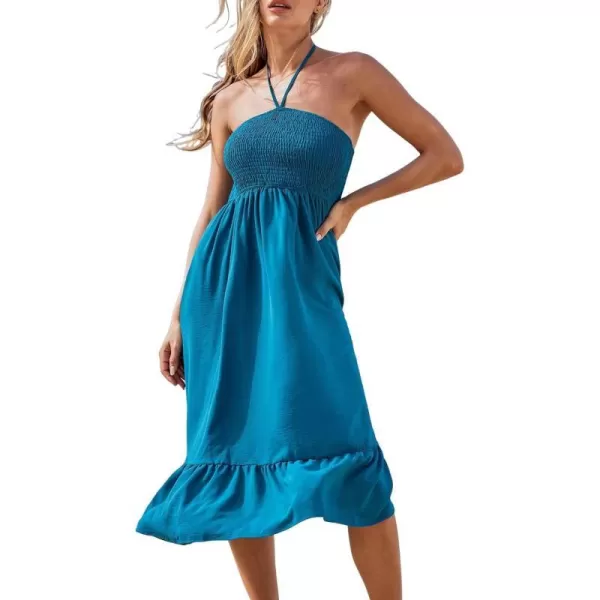 imageCUPSHE Womens Backless Beach Dress Halter Neck Sleeveless Smocked Bodice Ruffle Maxi Summer DressesTeal