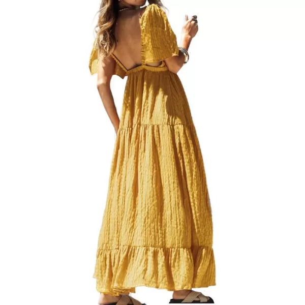 imageCUPSHE Womens Backless Dress Plunge V Neck Flared Sleeve Maxi DressesAmber